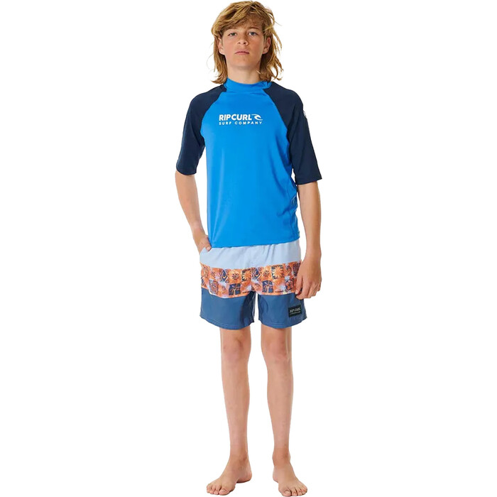 2024 Rip Curl Junior Shock UPF Short Sleeve Boy Rash Vest 124BRV - Blue Gum